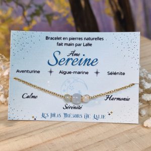 Bracelet pierre aigue-marine sélénite aventurine et acier inoxydable doré - bracelet ame sereine