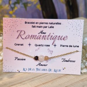 Bracelet romantique pierre grenat pierre de lune quartz rose et acier inoxydable doré - bracelet ame romantique - bracelet pour les amoureux - cadeau femme romantique
