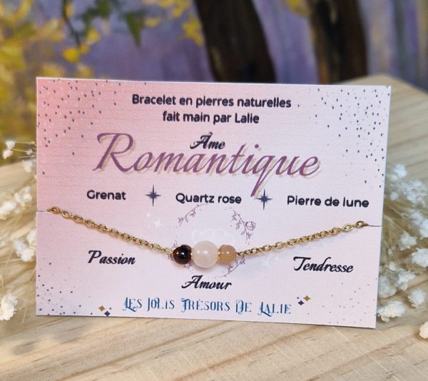 Bracelet romantique pierre grenat pierre de lune quartz rose et acier inoxydable doré - bracelet ame romantique - bracelet pour les amoureux - cadeau femme romantique