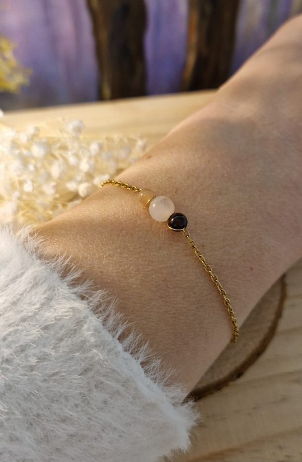 Bracelet romantique pierre grenat pierre de lune quartz rose et acier inoxydable doré - bracelet ame romantique - bracelet pour les amoureux - cadeau romantique